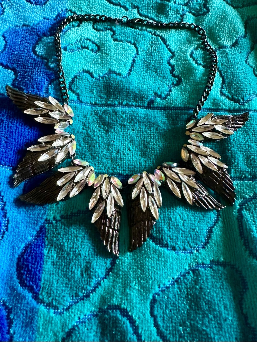 Statement Crystal Wing Bib Necklace in Black and Iridescent Harley Davidson look